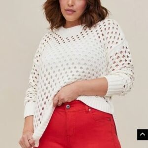 TORRID OPEN KNIT CHELILLE CREW NECK LONG SLEEVE TUNIC SWEATER WHITE SIZE 10 (00)